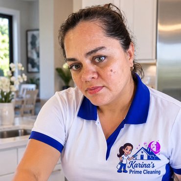 Karina, owner of Karina's PrimeCare Cleaning Services, in her blue and white Karina's Prime Cleaning polo while cleaning a kitchen counter