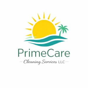 PrimeCare Cleaning Services logo: a sun rising over ocean waves